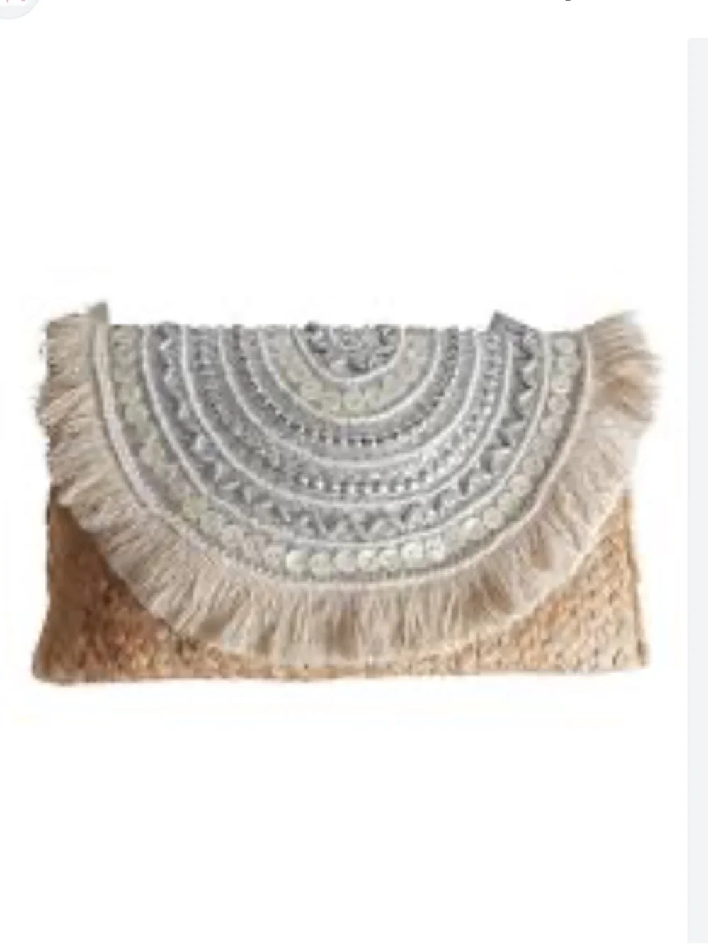 Tolani Natural Straw Clutch with Cream Embroidered Fringe Flap